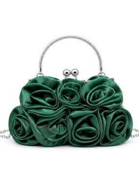 Women's Dark Green 3d Rose Satin Clutch Purse Floral Wedding Party Evening Bag